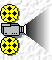 Pixelated yellow film reels with black sprocket holes and central star, gray movie projector, white textured background with diagonal gradient shadow.
