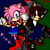 Pixelated character with pink hair and blue eyes in blue outfit with red boots, holding white object, standing against dark blue and green background.