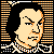 Pixelated static icon of a stern-looking character with light skin and dark hair, framed by orange-and-black striped borders on both sides against a black background.