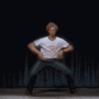 Animated sequence of a person in white t-shirt and blue jeans performing repeated dance moves against dark background with vertical lines.