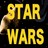 Yellow pixelated text "STAR WARS" on dark background with partial figure silhouette.