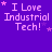 Purple background with repeated 'I Love Industrial Tech!' text in white pixelated font, surrounded by pink and purple stars.