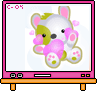 A cartoon animal with green and white fur holds a pink heart, surrounded by floating hearts on a light background.