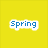 Yellow background with blue text 'Spring' and 'fun', white daisy flower on light blue sky, green stem.