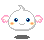 Four pixelated character expressions with pink ears, blue eyes, and orange cheeks on a gray background.