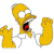 Pixelated yellow cartoon character with wide eyes, open mouth showing red tongue and black interior, holding two large golden objects against white background.
