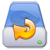 Pixelated icon with blue and white gradient background, orange curved arrow symbol, small green square in bottom-right corner.