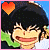 Pixelated anime-style character with black hair and a heart symbol above head, smiling broadly against blue sky background.