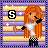 Pixel art of a character with long orange hair, white shirt, black checkered pants, and black arm sleeves, standing against a striped background with a star pattern.