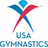 Pixelated icon shows stylized figure with blue and red limbs forming an X, blue head, and text 'USA GYMNASTICS' below in blue block letters.