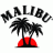 Pixelated icon shows black palm trees on red ground with 'MALIBU' text above, all in monochrome grayscale except for the red base.