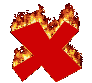 Red X symbol with animated fire effects on a gray background, showing sequential flame variations across frames.