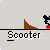 Animated sequence of a yellow-shirted figure on a scooter performing tricks on a brown ramp against a gray background.