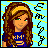 Pixel art icon of a cartoon woman with long brown hair wearing a blue shirt, set against a light blue background with yellow grid lines and black squiggly symbols.