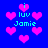 Pixelated blue background with pink hearts and cyan text reading 'i luv Jamie' in multiple positions.