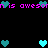 Pixelated cyan hearts and pink text reading 'is awesom' on a black background, with multiple heart arrangements.