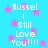 Pixelated text on a cyan background with pink stars, repeating 'Russel I still Love You!!!!!' in two vertical