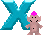 Two identical pixelated characters with pink mohawks stand in front of large blue X symbols on a gray background.