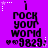 Purple background with repeated text "i rock your word" and "9829" in black pixelated font, surrounded by white star and dot patterns.