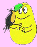 Two pixelated cartoon characters on pink background: yellow character with green hair and black streak, black character holding paint palette.