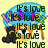 A pixelated cartoon character with blue hair and black boots stands against a yellow background, repeatedly overlaid with the text "It's love" in dark green.