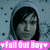 Pixelated image of a person with dark hair against a blue background, with a pink banner reading "Fall Out Boy" at the bottom.