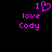 Pixelated purple text and heart symbol on black background, with 'I' above a heart shape followed by 'love Cody' in two separate sections.