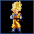 Pixelated character with spiky yellow hair, orange and blue martial arts uniform, standing with arms crossed against black background.