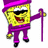Pixelated yellow cartoon character in purple outfit holding cane, smiling with open mouth on white background next to red text.