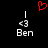 Red pixelated heart above two identical white text labels reading 'Ben' with '<3' symbols on a black background.