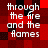 A pixelated image with red and black checkered background displaying white text reading 'through the fire and the flames' in four identical quadrants.