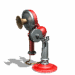 A red and silver mechanical device with a rotating head, cylindrical body, and circular base appears in sequential poses showing rotation from left to right.
