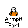A 4x4 contact sheet of a pixel art animation featuring a white stick figure in an orange shirt performing sequential arm movements, with text "Armpit Fart" below each frame on a gray background.
