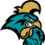 Pixelated cartoon character with teal body, gold helmet, and black accents, showing a determined expression with visible teeth.