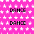 A static image with a bright pink background covered in white star patterns, featuring repeated black text "DANCE" in a pixelated font across the