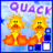 Pixelated icon with blue border showing two yellow cartoon characters with green eyes and orange mouths, above purple text reading "QUACK" on light blue background.