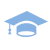 Pixelated blue graduation cap with white trim and tassel on light gray background.