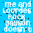 Blue background with white pixelated text repeating 'me and Lourdes ROCK Jayson doesn't' in a pattern, showing slight variations across three