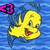 Yellow cartoon duck with red beak and black eyes floats on blue water, pink heart-shaped icon in top-left corner.