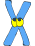 Two side-by-side blue X-shaped figures with yellow centers, each featuring black circular eyes; the left figure's eyes are positioned above the center while the right figure's eyes move below it.