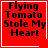 Red square icon with black text "Flying Tomato Stole My Heart" and white border; show heart and star symbols in bottom-right corner