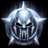 Pixelated silver helmet with angular design, dark eye slits, and a central crest on black background.