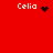 Red background displays four 'Celia' text icons with distinct black pixel symbols: heart, starburst, dots, and plain text.