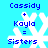 Blue background with white snowflake icons displaying text 'Cassidy + Kayla = Sisters' in blue pixelated font.