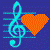 Two side-by-side pixelated images of a musical note and heart symbol on blue background, with orange heart in first frame transitioning to red heart in second.