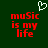 Green background with red pixelated text reading 'music is my life' and a white heart symbol above the left side of the text.