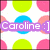 A static image with a white background covered in repeating circles of pink, light green, and blue. A purple text box displays "Caroline : ]" over the pattern.