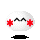 Pixelated white oval head with red cross-shaped eyes and black zigzag mouth, two identical frames showing subtle eye color variation.