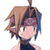 Pixelated anime-style character icon with brown hair, blue highlights, and a purple headband against white background.