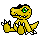 Pixelated yellow dinosaur with green eyes and black hair, sitting in a of four by four on gray background